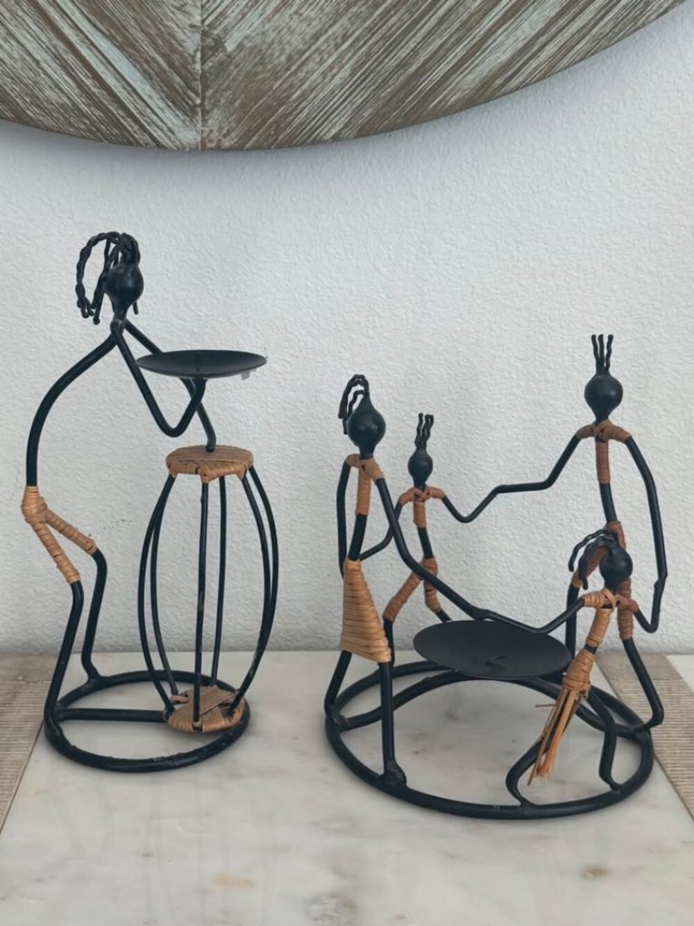 Vintage Mid-Century Modern Black Iron and Rattan Tribal Pair of Sculpted Candle